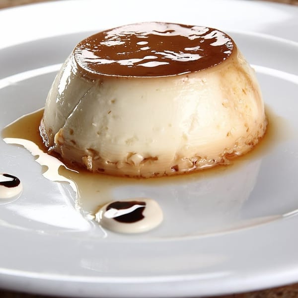A creamy flan dessert with caramel sauce on a white plate, with two small decorative drops.