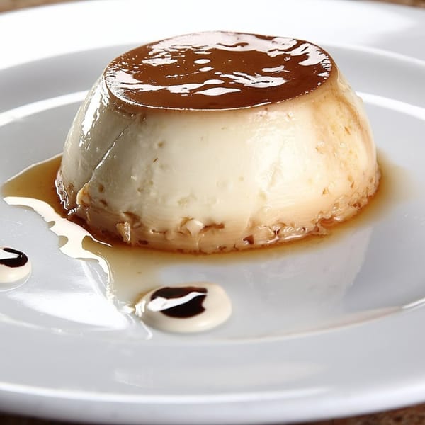 Flan dessert with caramel sauce on a white plate, garnished with cream and chocolate swirls.